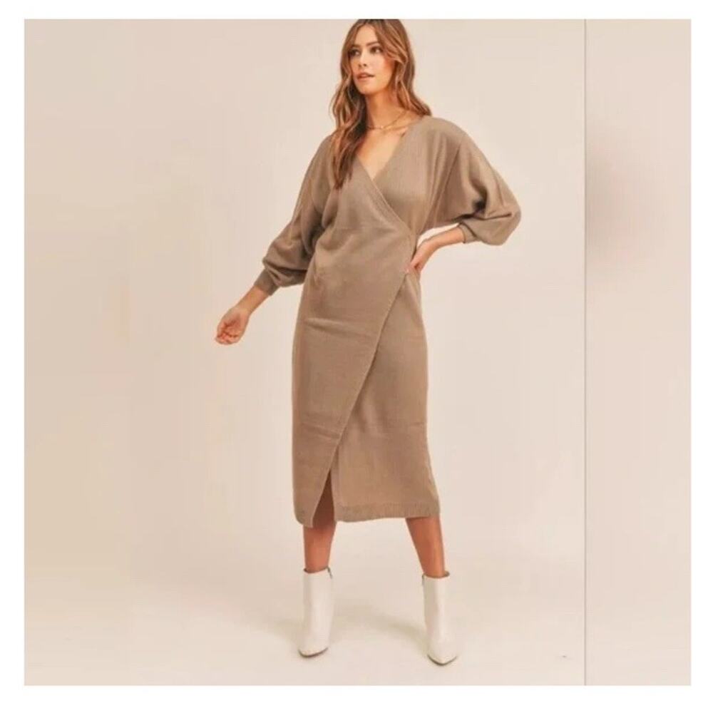 NEW Mable Minimalist Luxury Jovie Sweater Midi Dress Academia Taupe Wrap Duster - Picture 2 of 9